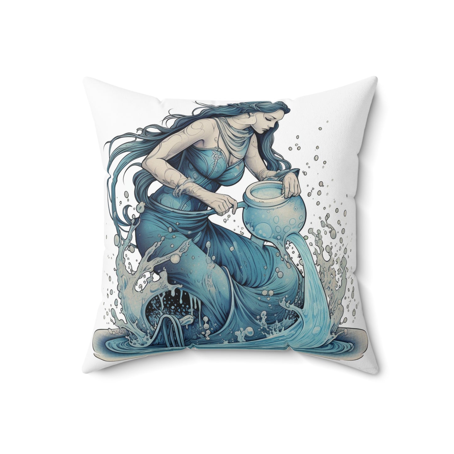 Aquarius Zodiac Symbol - Girl Pouring Water, Hand-Drawn Style - Spun Polyester Square Pillow