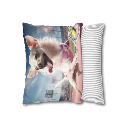 Chihuahua Tennis Ace: Dog Pink Outfit, Court Atheletic Sport Game - Spun Polyester Square Pillow Case