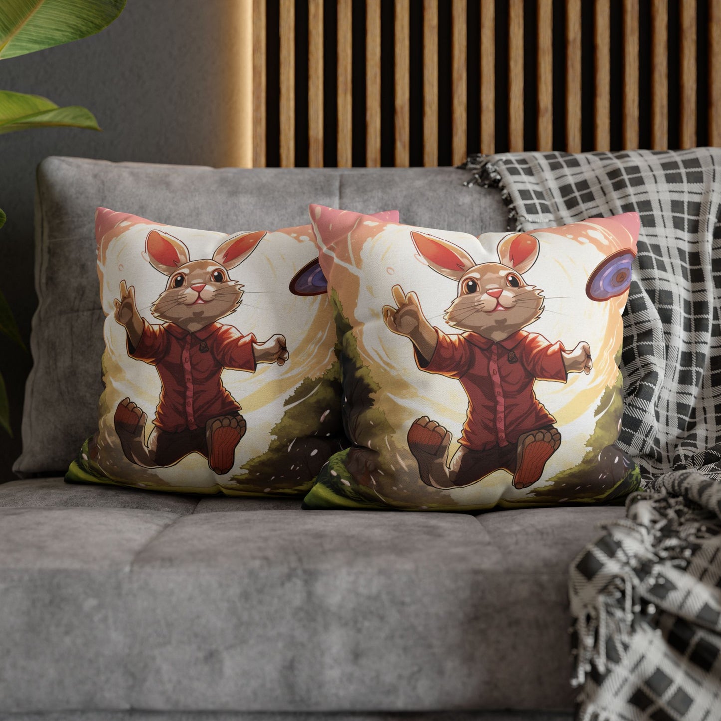 Disc Golf Rabbit: Bunny Aiming Frisbee for Basket Chain - Spun Polyester Square Pillow Case