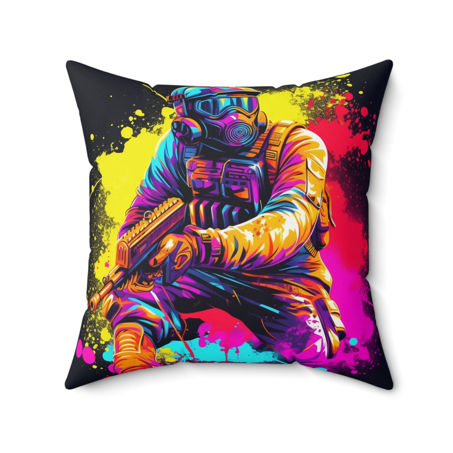 Paintball Action Sport: Player in Battle, Paint Splatter - Spun Polyester Square Pillow