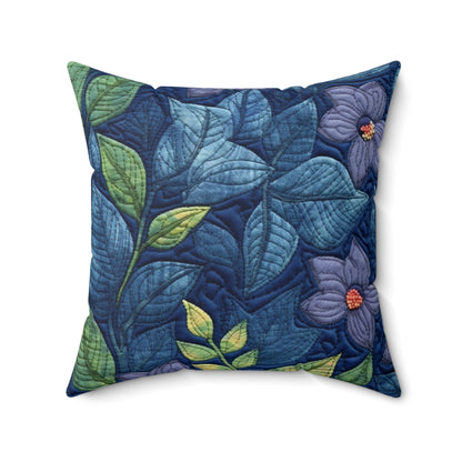 Floral Embroidery Blue: Denim-Inspired, Artisan-Crafted Flower Design - Spun Polyester Square Pillow