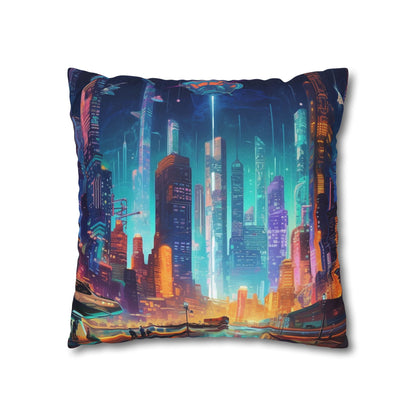 Futuristic Neon Cyberpunk Cityscape Art Design Spun Polyester Square Pillow Case