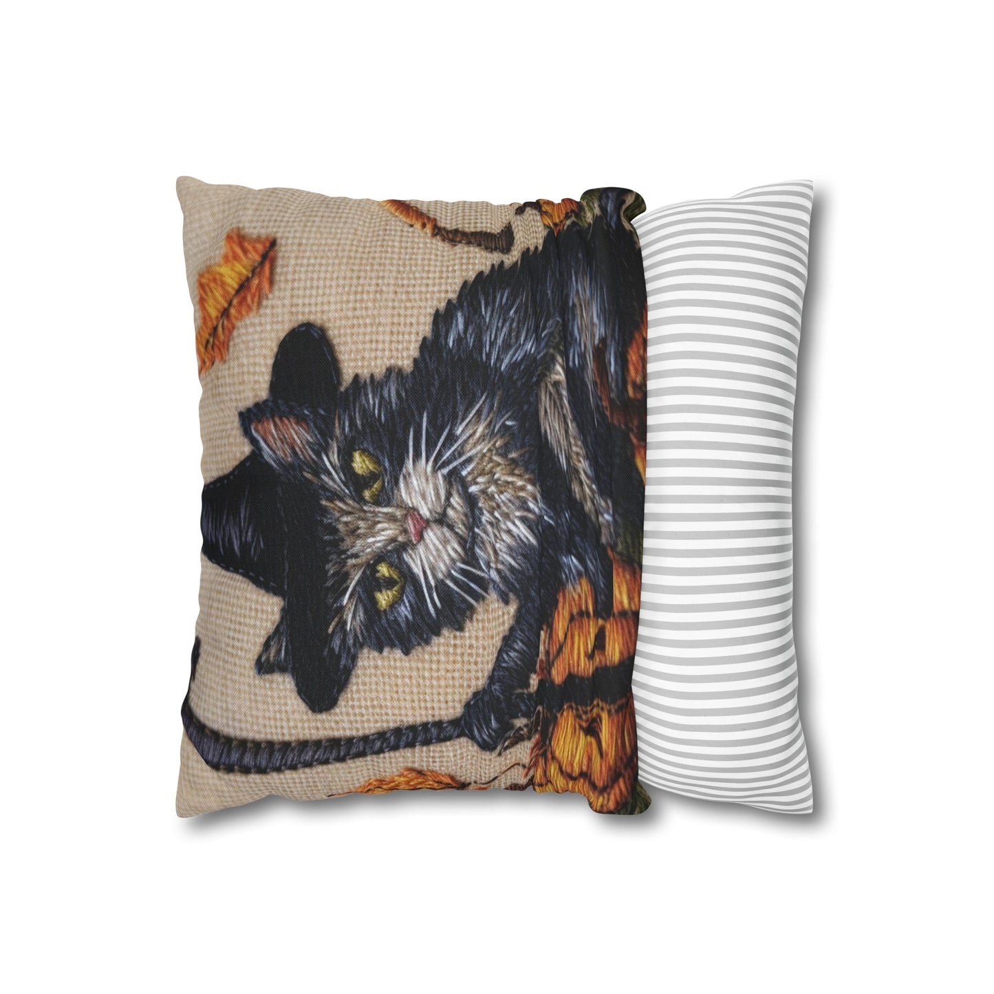 Halloween Cat Magic: Embroidered Style Feline with Pumpkins & Witch Hat - Spun Polyester Square Pillow Case