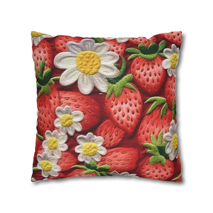 Strawberry Strawberries Embroidery Design - Fresh Pick Red Berry Sweet Fruit - Spun Polyester Square Pillow Case