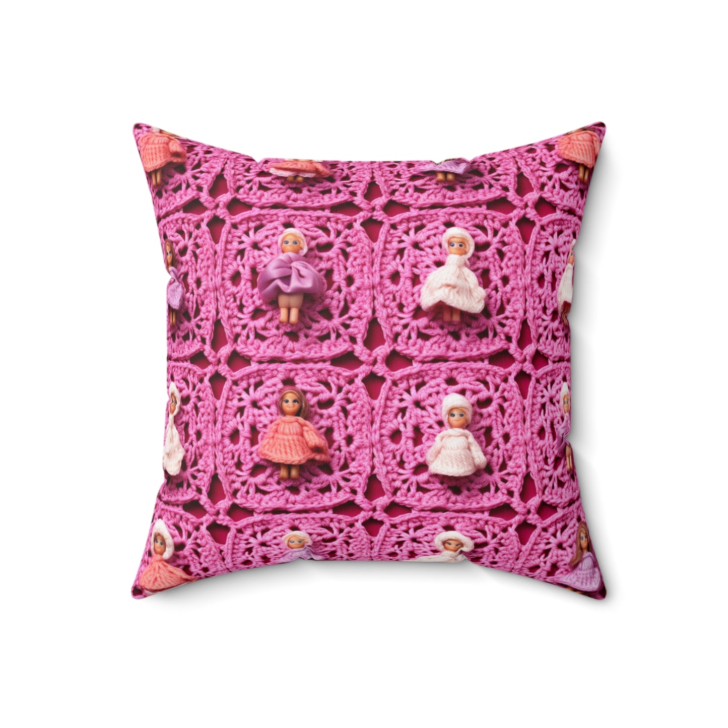 Barbie Dolls on Granny Squares: Realistic Pink Toy Design - Spun Polyester Square Pillow