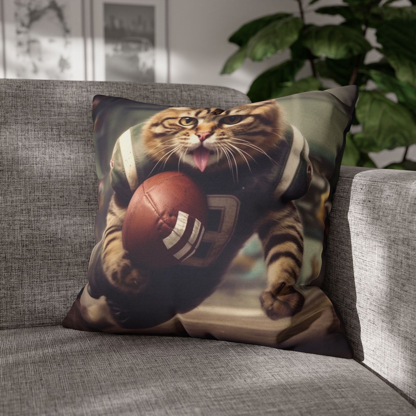 Football Field Felines: Kitty Cats in Sport Tackling Scoring Game Position - Spun Polyester Square Pillow Case