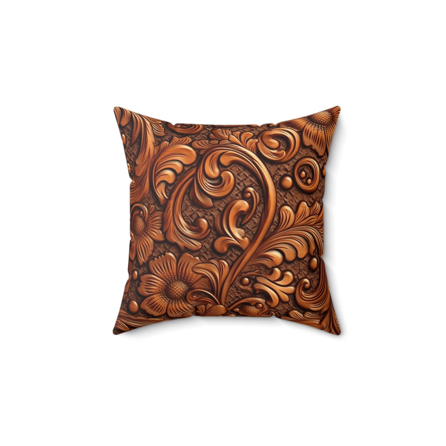 Leather Flower Cognac Classic Brown Timeless American Cowboy Design - Spun Polyester Square Pillow