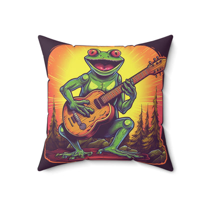 Classic Frog ontop a log Style Guitar Playing Musician Spun Polyester Square Pillow