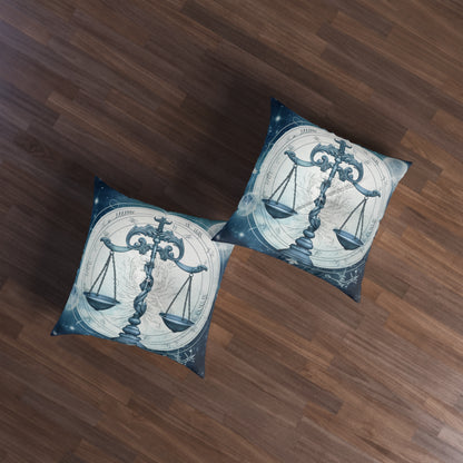 Blue Tones Libra Zodiac Cosmic Astro - Balance Scale & Symbols - Tufted Floor Pillow, Square