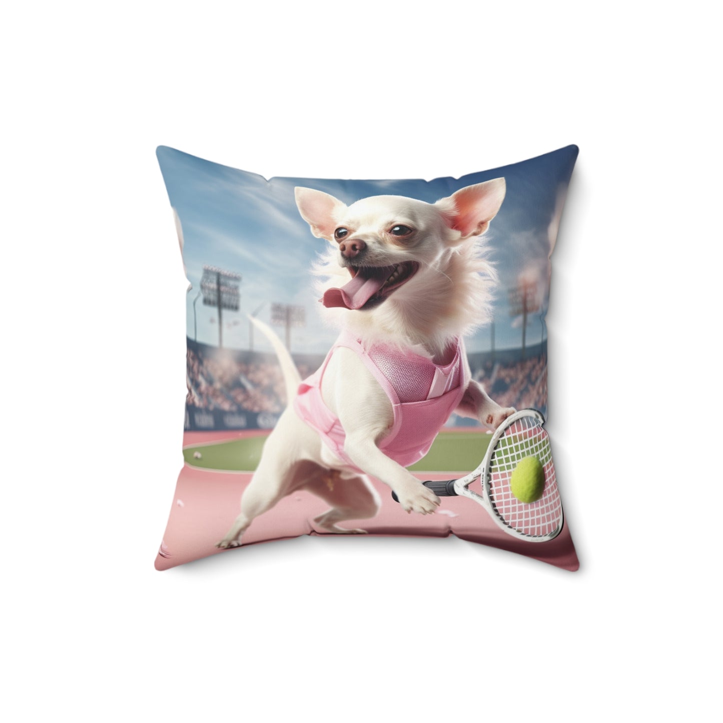 Chihuahua Tennis Ace: Dog Pink Outfit, Court Atheletic Sport Game - Spun Polyester Square Pillow