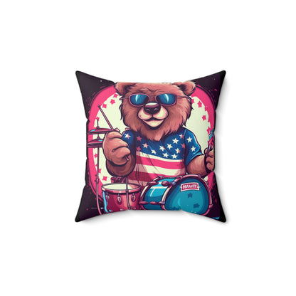 Drumroll for Freedom: Celebrate 4th of July with the Patriotic Bear's Rhythms Spun Polyester Square Pillow