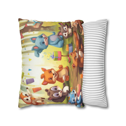 Nursery Art - Cartoon Forest Animals Party Design Spun Polyester Square Pillow Case