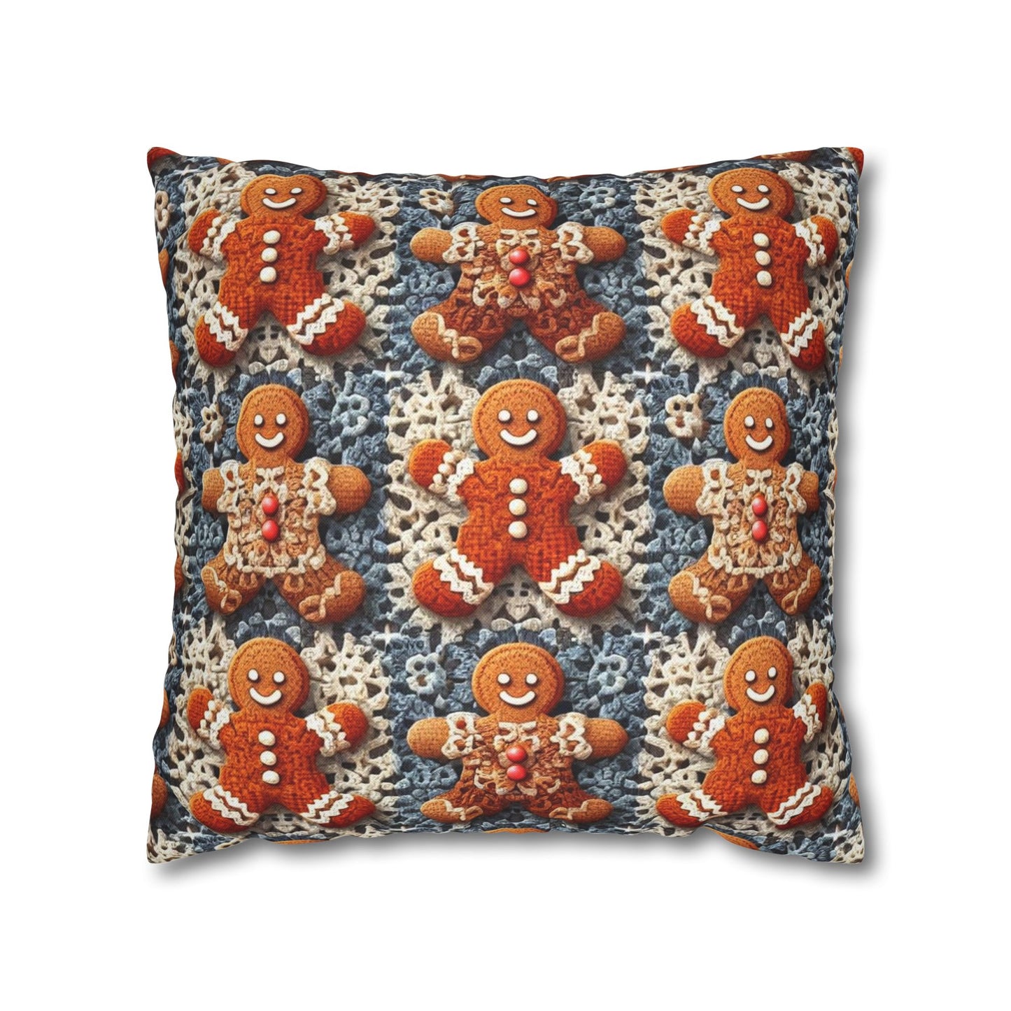 Gingerbread Joy: Whimsical Crocheted Gingerbread Men Pattern with Festive Christmas Accents - Spun Polyester Square Pillow Case