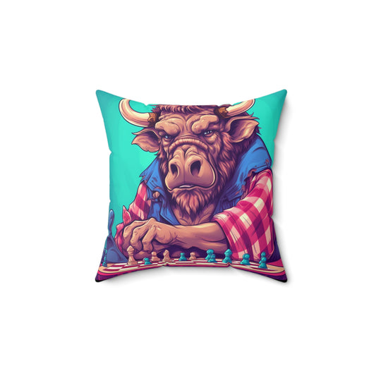 Chess Game Champ Master Bison Buffalo Style Spun Polyester Square Pillow