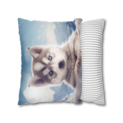 Husky Puppy Winter Wonder - Snowy Mountain Backdrop Spun Polyester Square Pillow Case