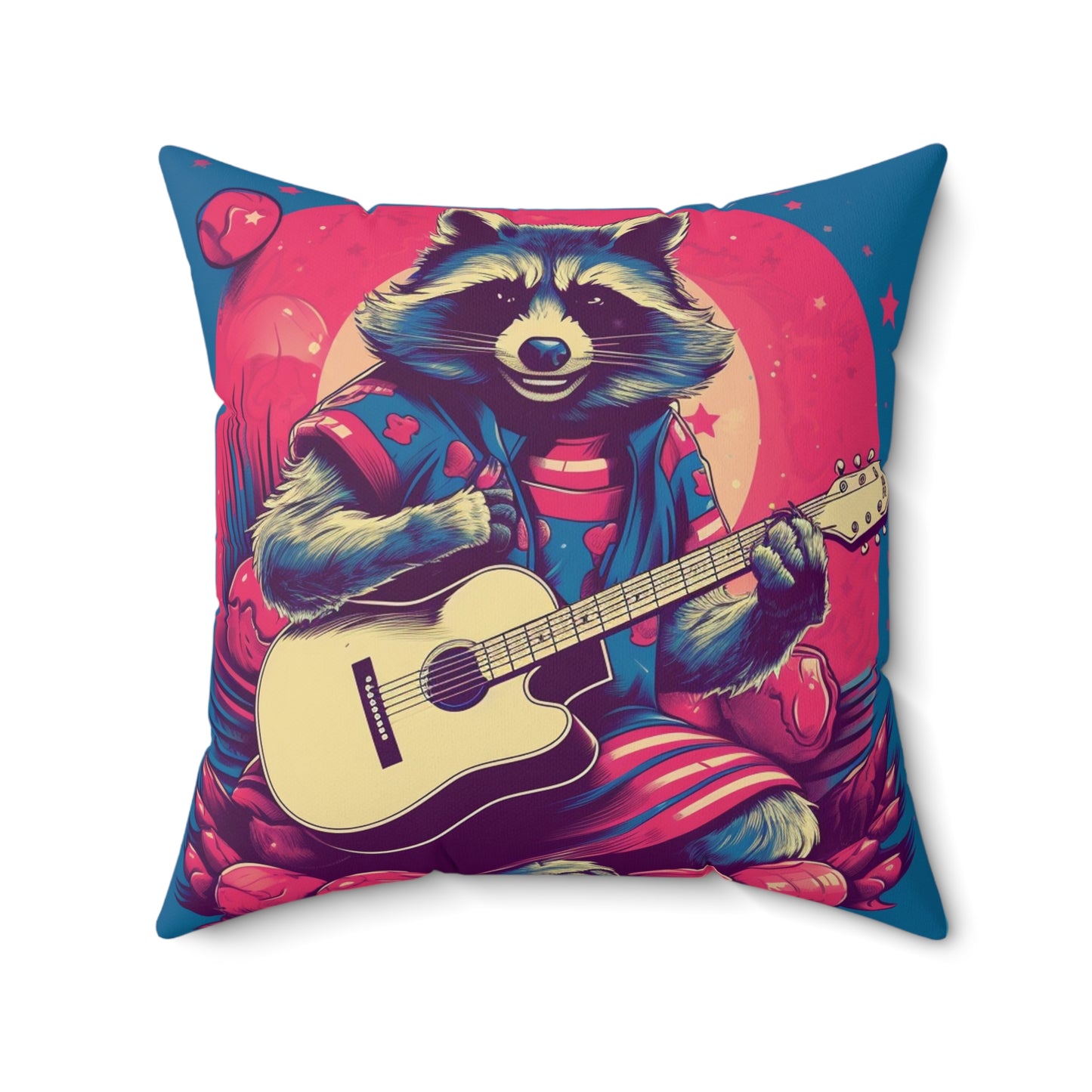 Acoustic Guitar Raccoon Art - Furry Animal Rock Classic Spun Polyester Square Pillow