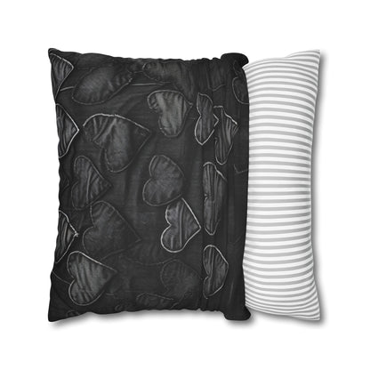 Black: Distressed Denim-Inspired Fabric Heart Embroidery Design - Spun Polyester Square Pillow Case