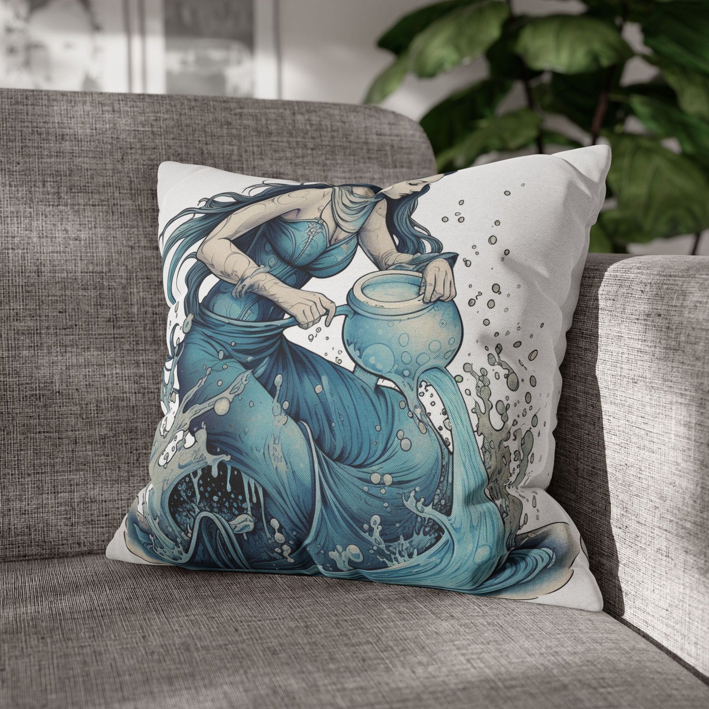 Aquarius Zodiac Symbol - Girl Pouring Water, Hand-Drawn Style - Spun Polyester Square Pillow Case