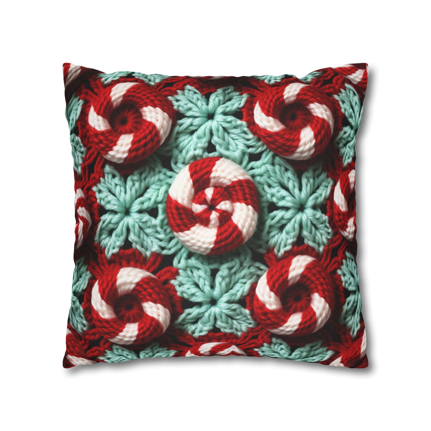 Christmas Crochet Candy Cane - Pepper Red Crystal White Holiday Pattern - Spun Polyester Square Pillow Case