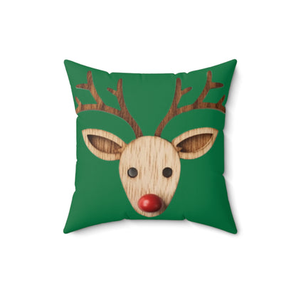 Red Reindeer Nose Christmas Classic Winter Season - Green - Spun Polyester Square Pillow