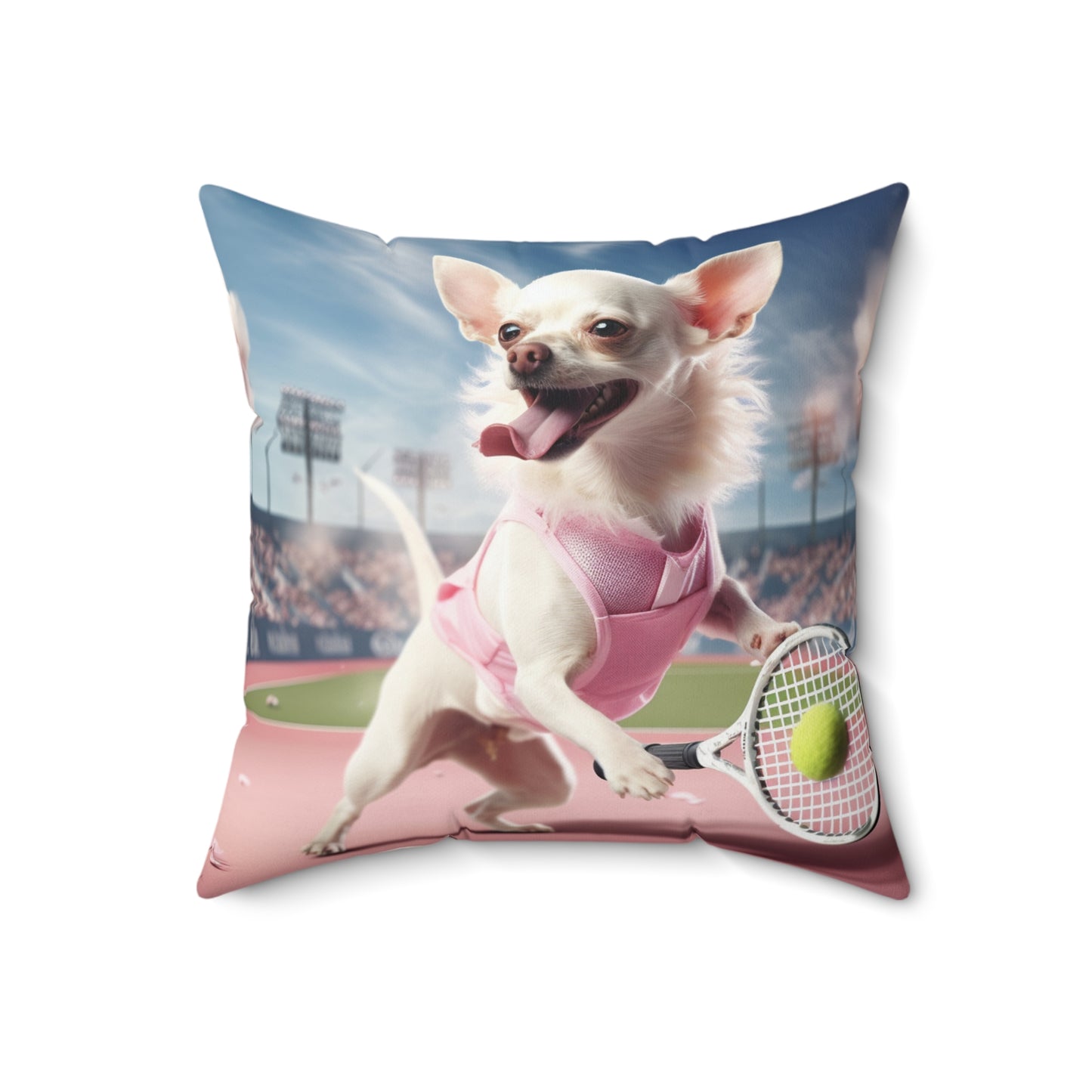 Chihuahua Tennis Ace: Dog Pink Outfit, Court Atheletic Sport Game - Spun Polyester Square Pillow