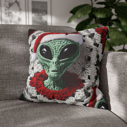 Santa's Cosmic Secret: Jolly Green Christmas Extraterrestrial with Festive Attire Crochet Art - Spun Polyester Square Pillow Case