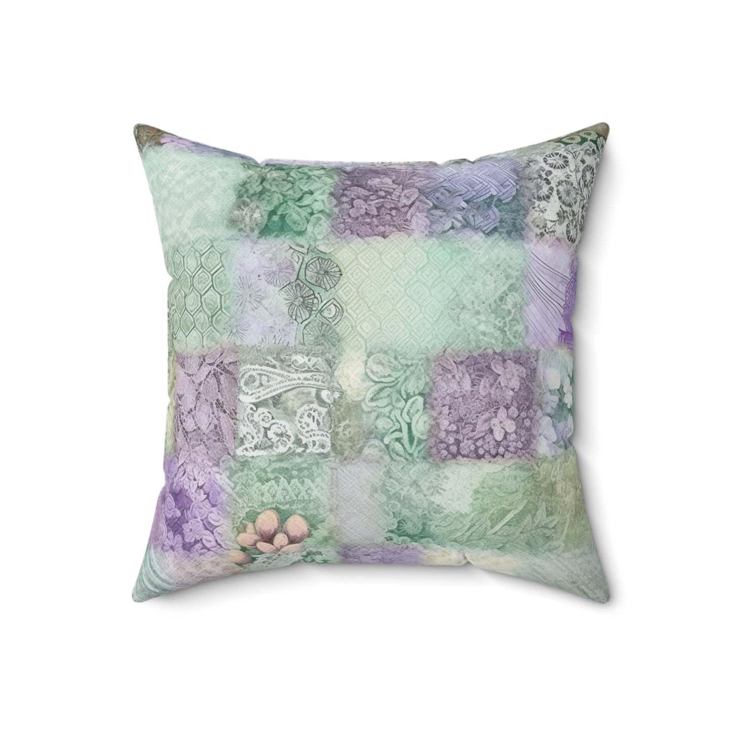 Medley Patchwork - Muted Pastels, Gingham & Lace, Boho Paisley Mix, Quilted Aesthetic Design - Spun Polyester Square Pillow