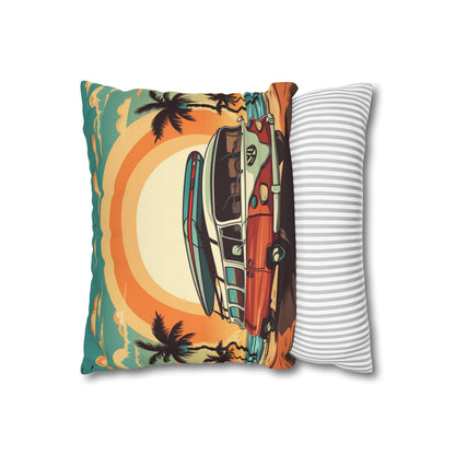 Retro Beach Camper Van - Sunset Surfboard Scene Spun Polyester Square Pillow Case