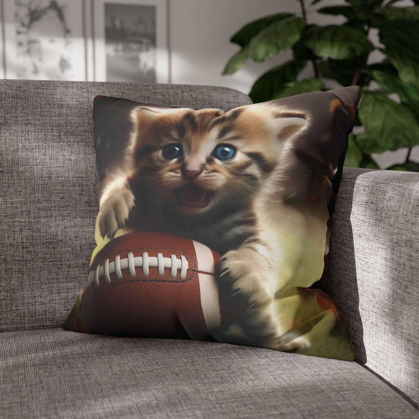 Football Kitten Touchdown: Tabby's Winning Play Sport Game - Spun Polyester Square Pillow Case