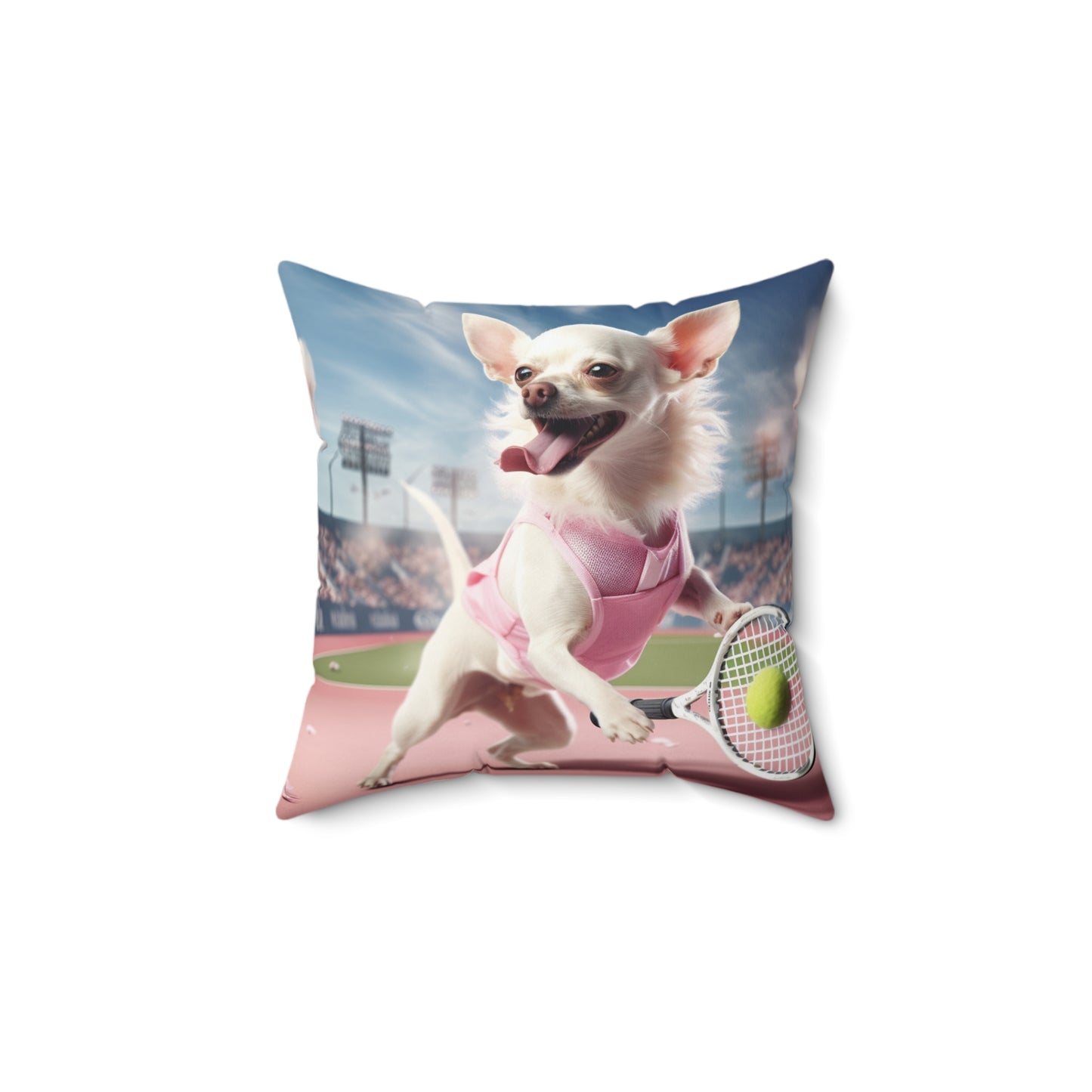 Chihuahua Tennis Ace: Dog Pink Outfit, Court Atheletic Sport Game - Spun Polyester Square Pillow