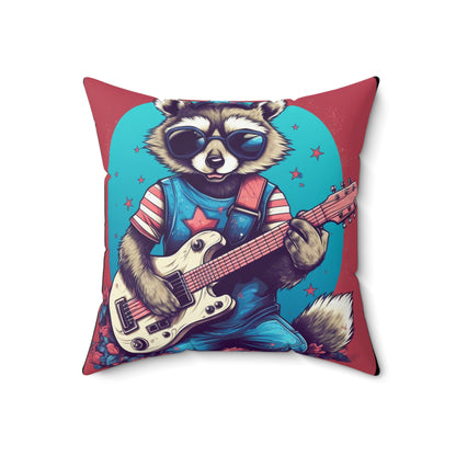 Patriotic Rock 'n' Roll Raccoon: Furry Guitar Player Spun Polyester Square Pillow