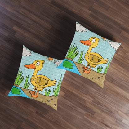 Yellow Duck Bird Pond Tufted Floor Pillow, Square