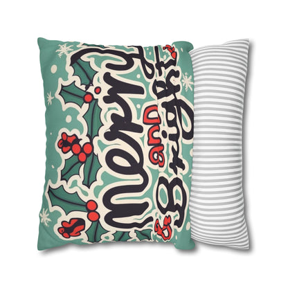 Merry and Bright Christmas Theme Holiday - Spun Polyester Square Pillow Case