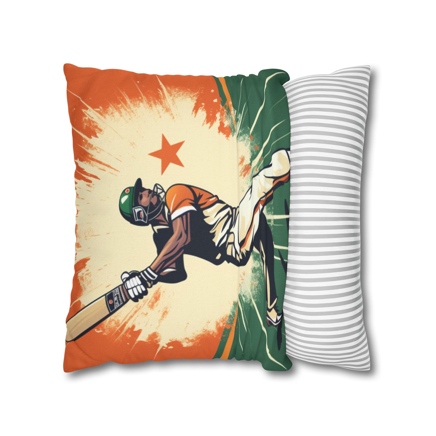 India Cricket Star: Batsman With Willow Bat, National Flag Style - Sport Game - Spun Polyester Square Pillow Case