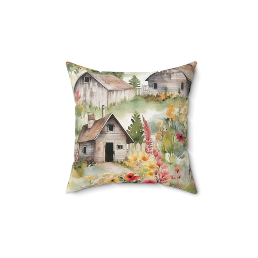 Country Wooden Houses with Flower Blooms - Cottagecore Floral Design - Outdoor Style - Spun Polyester Square Pillow