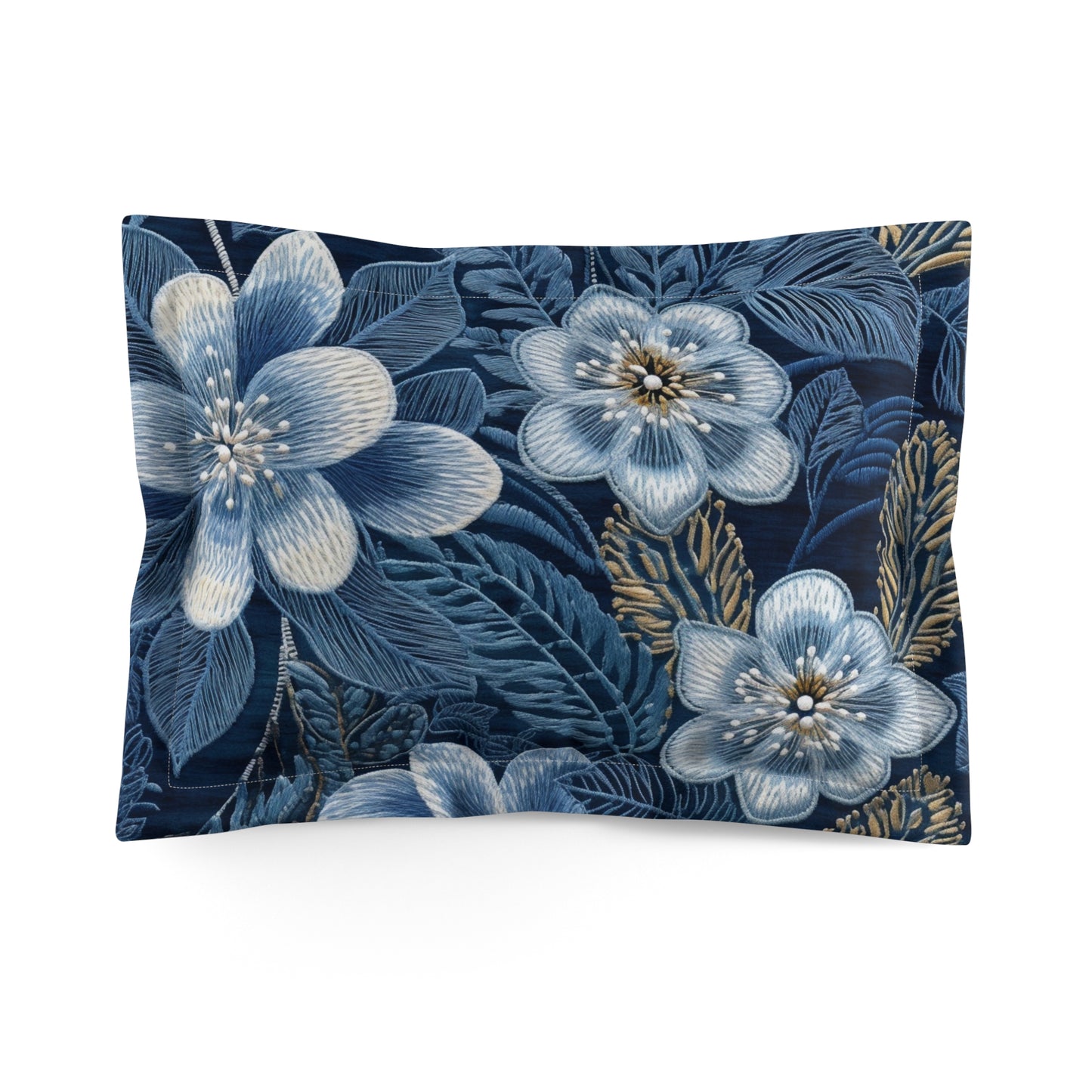 Flower Blossom Embroidery Floral on Denim Style - Microfiber Pillow Sham