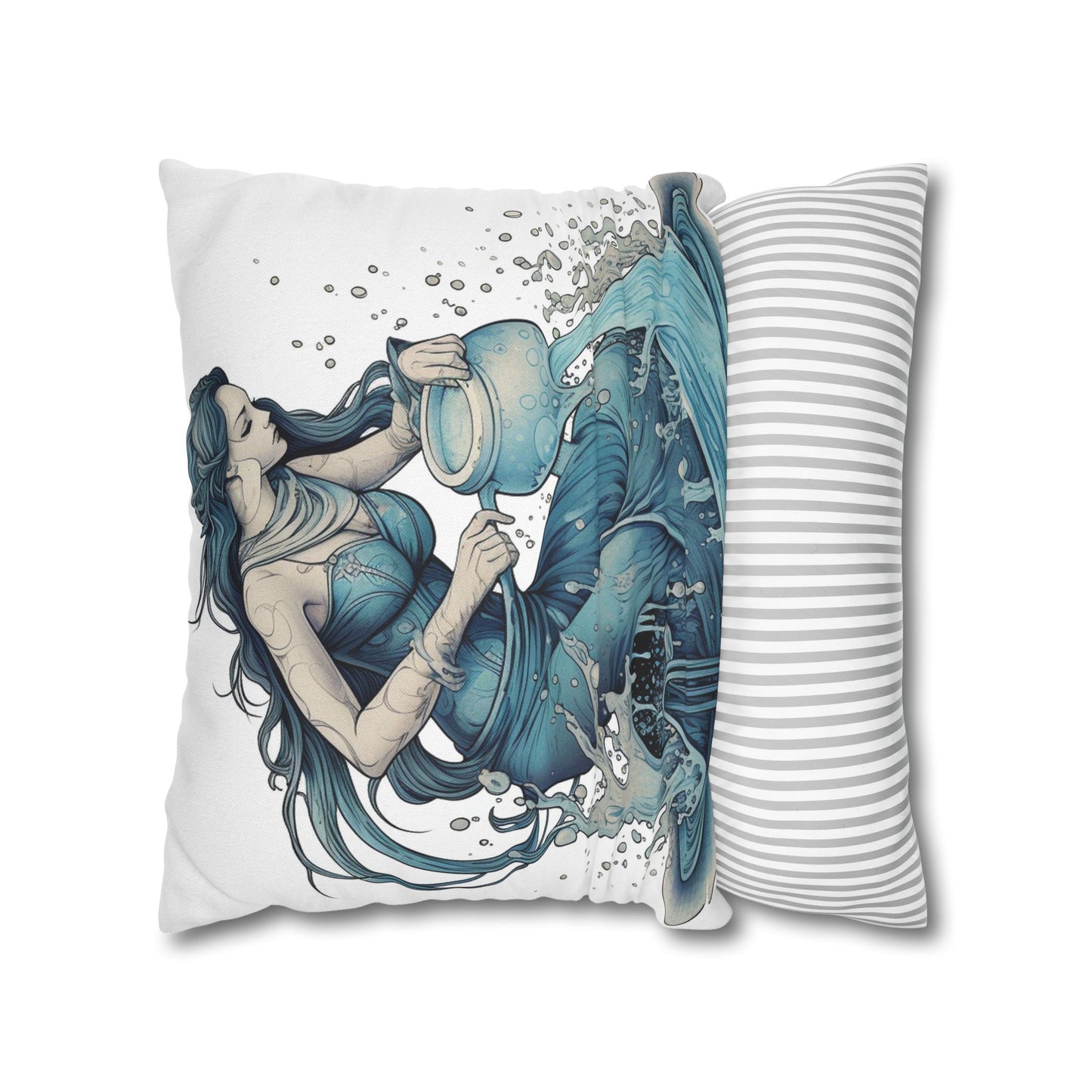 Aquarius Zodiac Symbol - Girl Pouring Water, Hand-Drawn Style - Spun Polyester Square Pillow Case