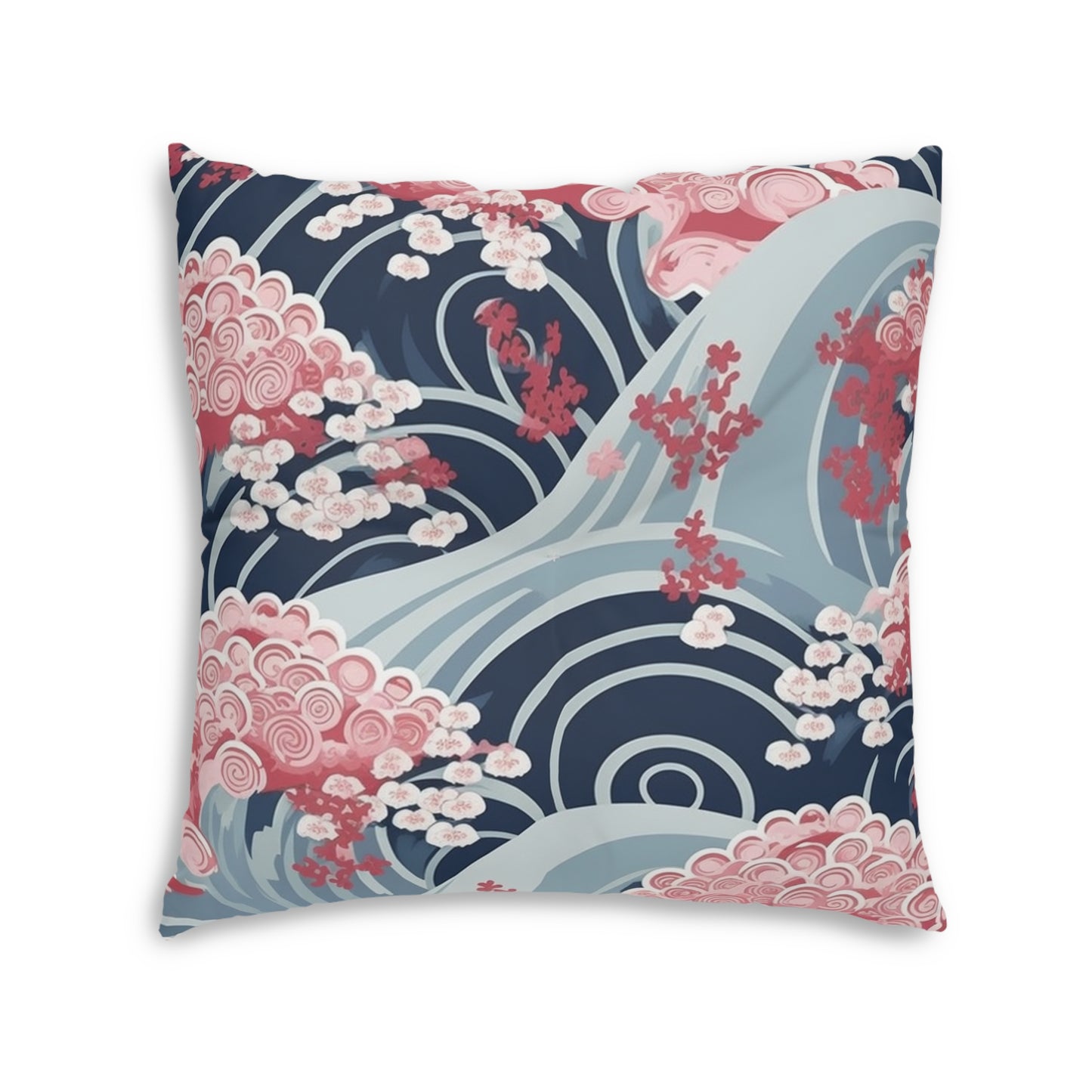 Japanese Minimalist Waves & Cherry Blossoms Pattern Tufted Floor Pillow, Square