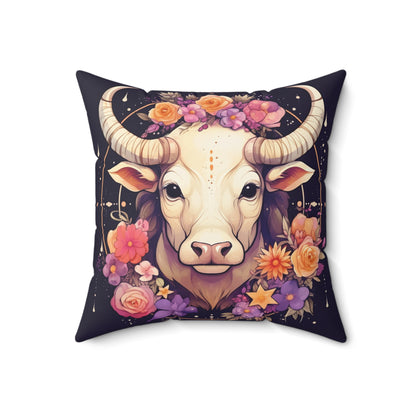 Taurus Zodiac Bull Flower Accents - Astrology Sign - Spun Polyester Square Pillow