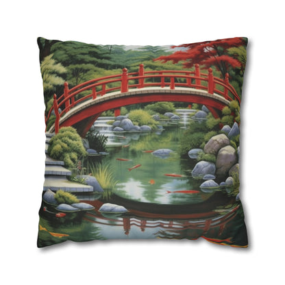 Japanese Garden Art - Tranquil Koi Pond Red Bridge Spun Polyester Square Pillow Case