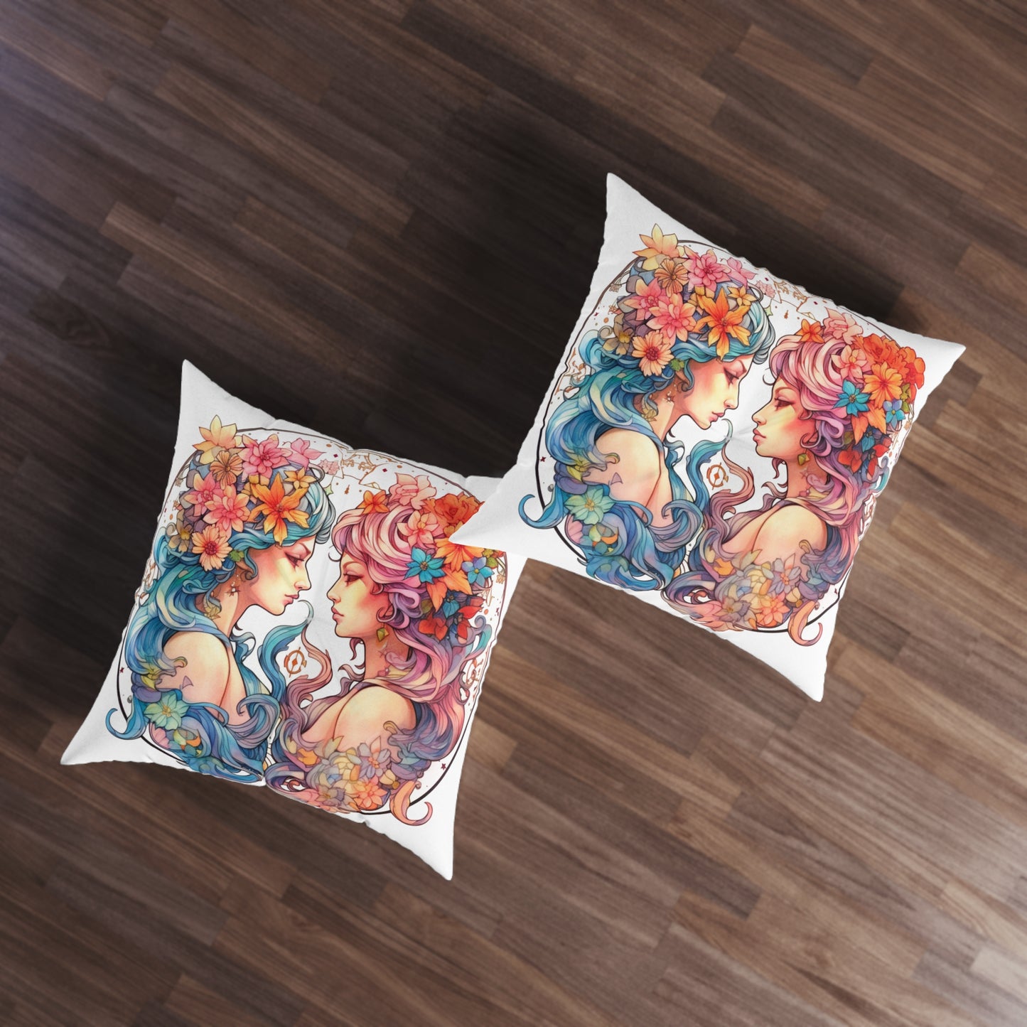 Zodiac Gemini Clipart - Twins Symbol, Whimsical Comic Style - Tufted Floor Pillow, Square