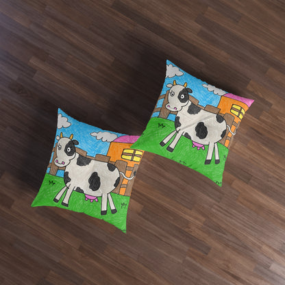 Cow Moo Farm Barn Animal Character Tufted Floor Pillow, Square