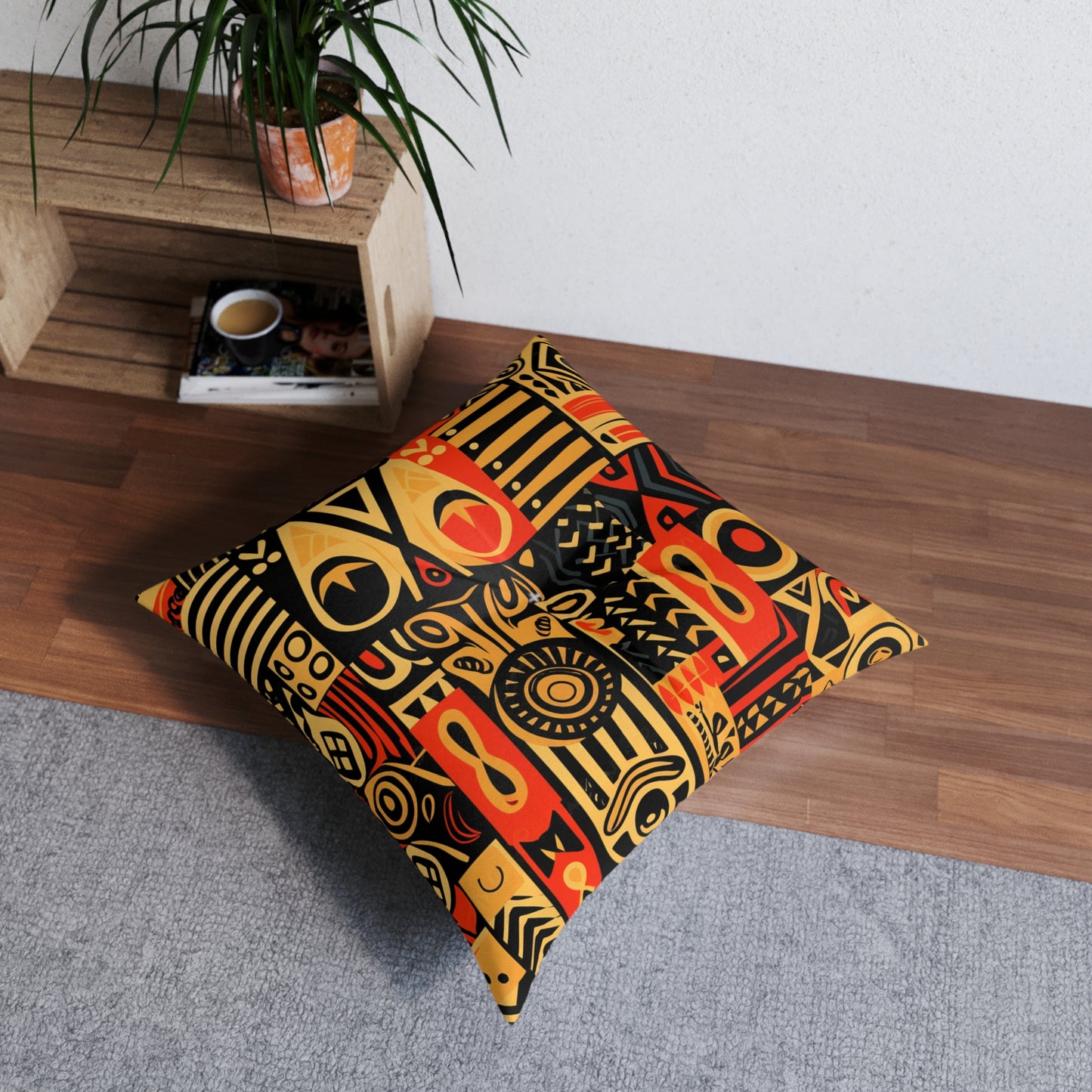 Tribal Art-Inspired Abstract Symbols, Heritage - Tufted Floor Pillow, Square