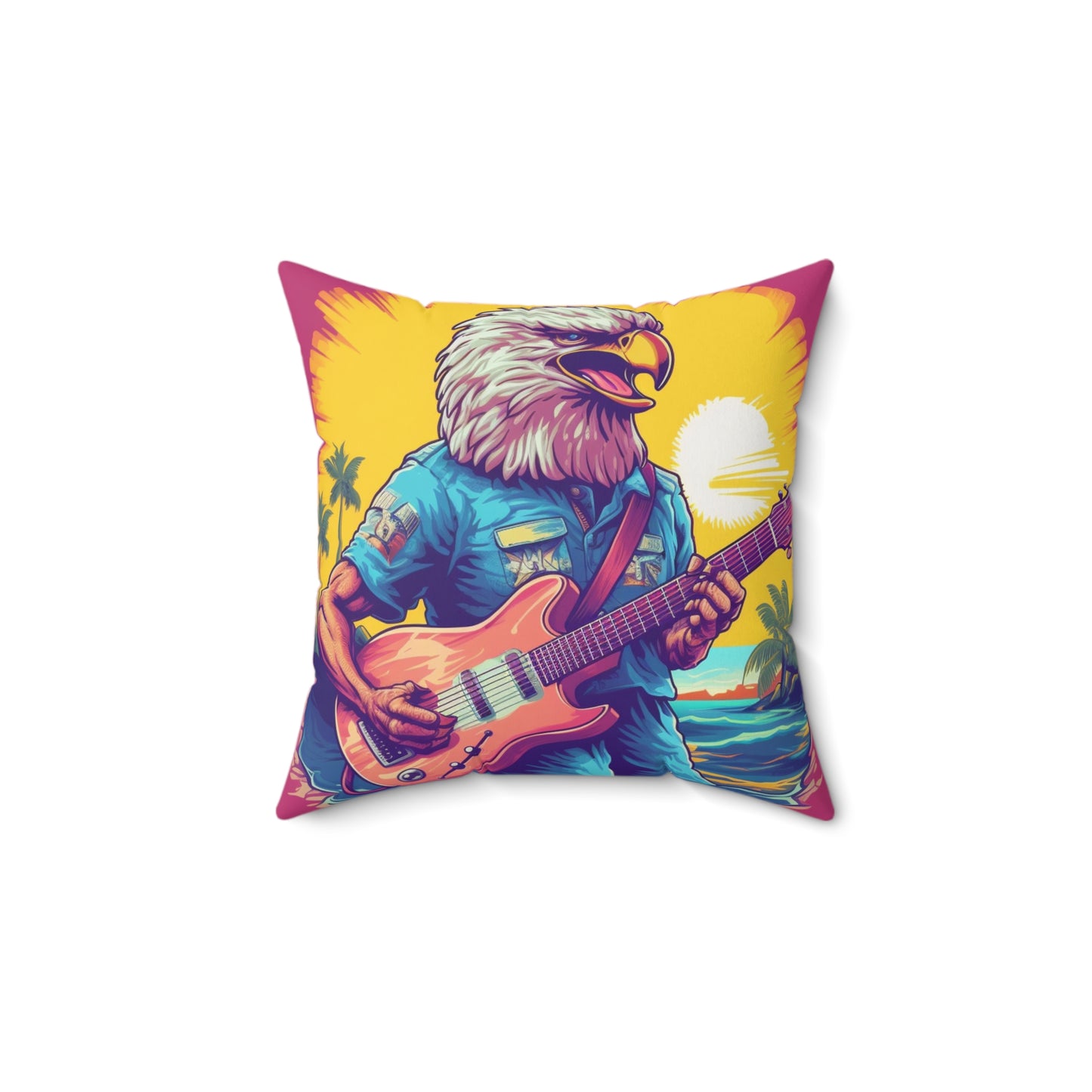 American Rock Star: Bald Eagle with Guitar Graphic Spun Polyester Square Pillow