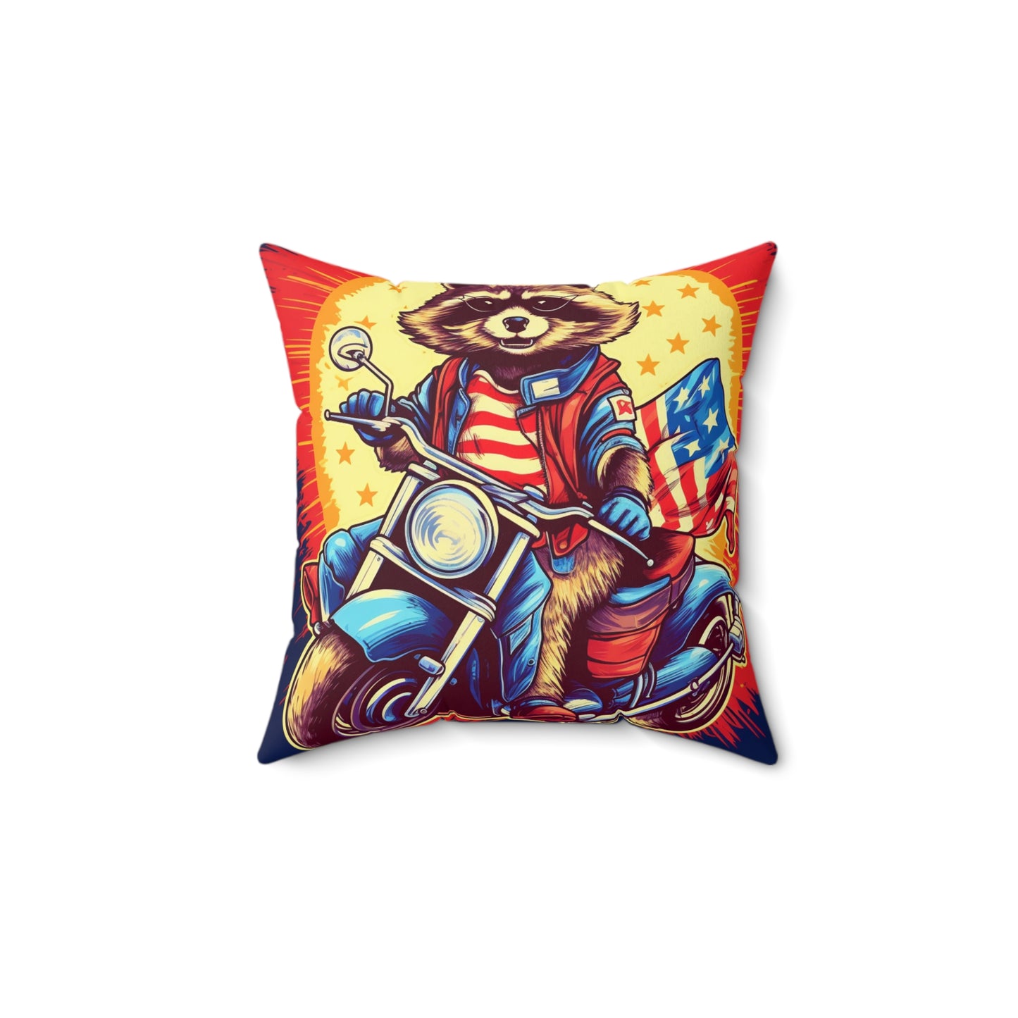 Red White and Blue American Raccoon Biker Motorcyclist Graphic Spun Polyester Square Pillow