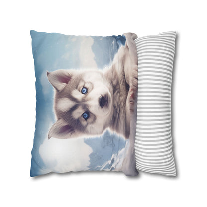 Husky Puppy Winter Wonder - Snowy Mountain Backdrop Spun Polyester Square Pillow Case