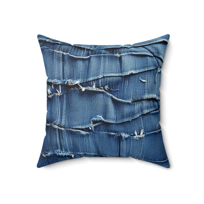 Midnight Blue Distressed Denim: Rugged, Torn & Stylish Design - Spun Polyester Square Pillow