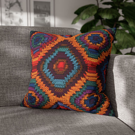 African Heritage Crochet, Vibrant Multicolored Design, Ethnic Craftwork - Spun Polyester Square Pillow Case