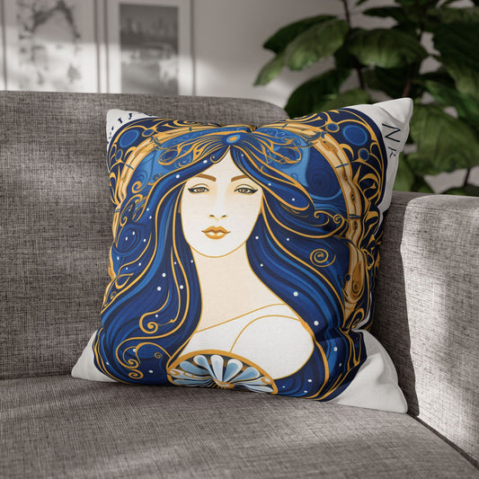 Virgo Zodiac Circular Symmetry in Gold Royal Blue - Spun Polyester Square Pillow Case