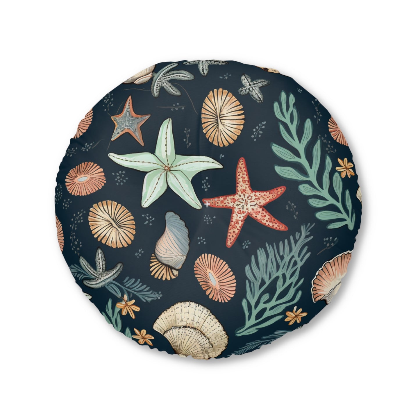 Seashells & Starfish Marine-Inspired Pattern Tufted Floor Pillow, Round